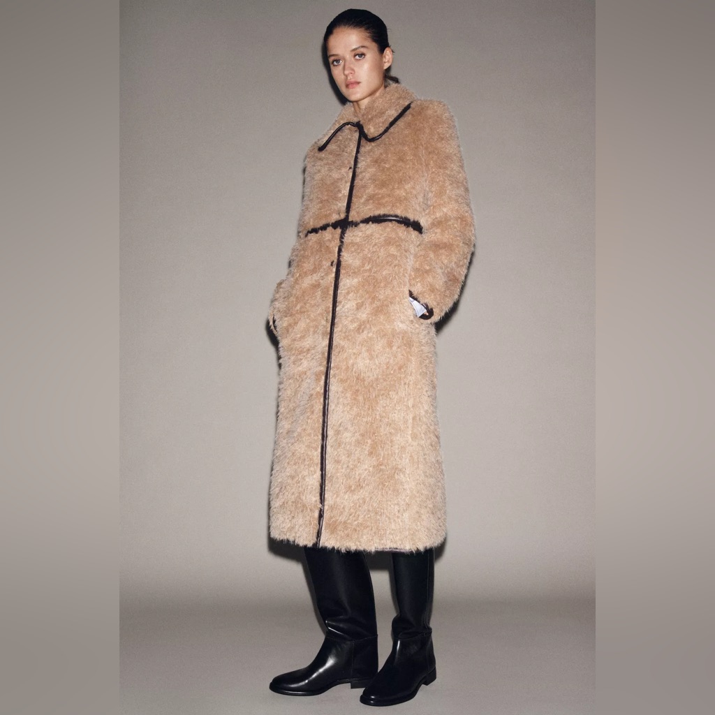 Zara Limited Edition Long Fleece Leather Trimmed Tan Beige Coat Sz.S